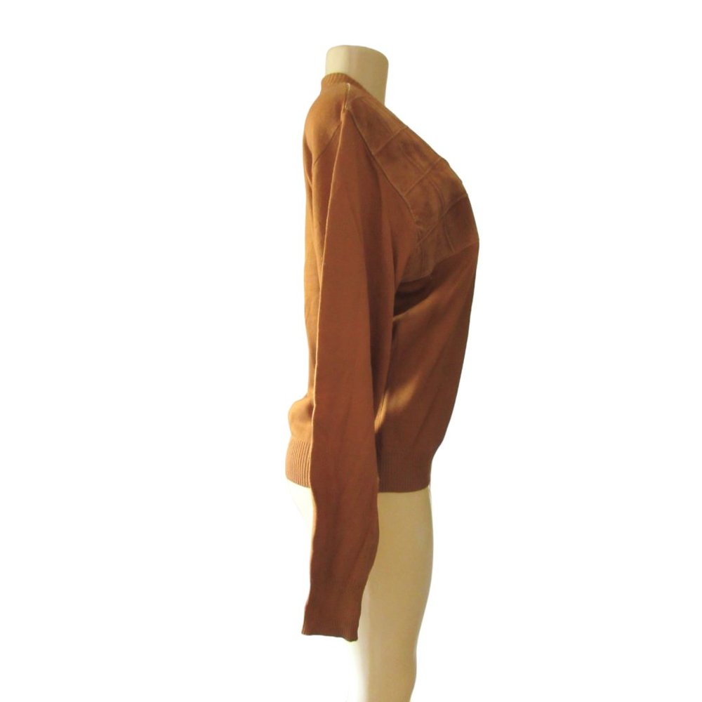 Vintage New w Tags, Saxony Cognac Suede/Leather &Acrylic Sweater in Size L - Picture 2 of 8